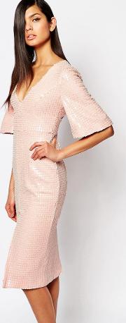 the luxe plunge neck pencil dress in all over sequin