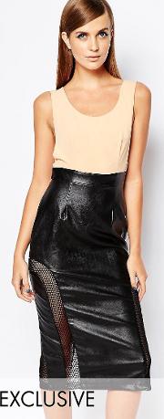 the pu top bodycon dress with mesh insert skirt