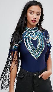 going out cap sleeve bodysuit with embellishment