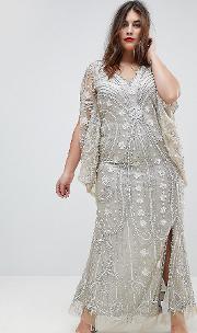 embellished maxi dress with cape sleeves