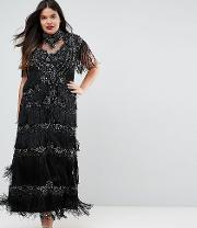 Embellished Maxi Dress With Tiered Fringing And Cap Sleeve