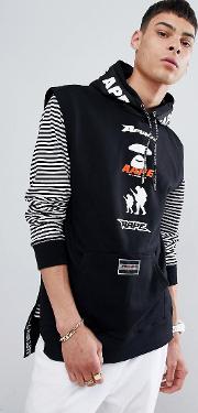sleeveless hoodie with racing back print  black