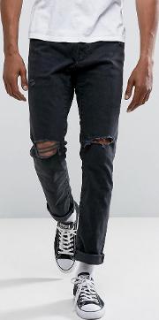slim fit jeans in destroyed black wash