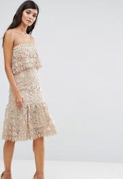 lace double layer bandeau dress with peplum hem