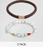 faux leather & white beaded bracelet in 2 pack