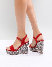 two part wedge shoe in red with textured heel