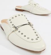 white studded metal bar loafer mules