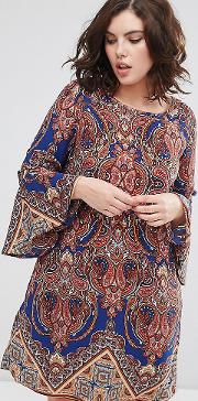 Paisley Printed Dress With Fluted Sleeve