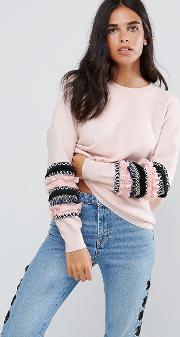 Jumper With Fringed Sleeve Detail