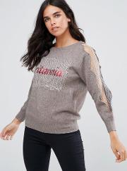 slogan sweater with cut out arm detail