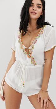 Beach Playsuit With Drawstring Waist And Embroidered Neckline