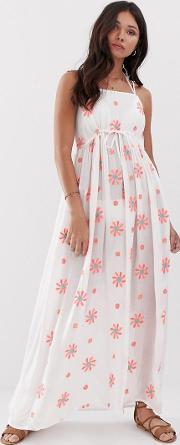 Floral Embroidered Maxi Beach Dress With Embellishment