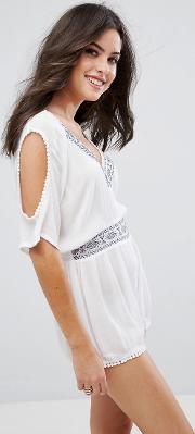 plunge neck open shoulder embroidered beach playsuit