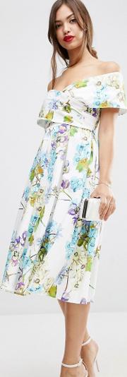 bardot midi prom dress with beautiful blue florals