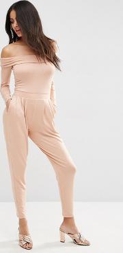 bardot peg leg jersey jumpsuit with long sleeve cosmetic