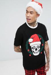Christmas Longline  Shirt With Skull Print And Borg Santa Hat