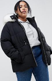 asos design curve puffer jacket with waist detail and faux fur hood