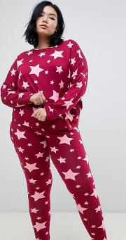 asos design curve star longsleeve boxy pyjama tee and legging set