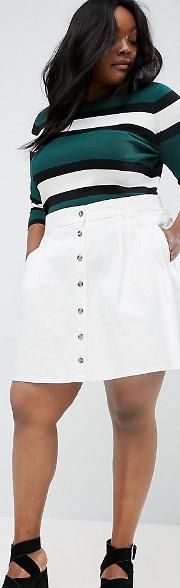 Denim Button Through Skater Skirt In White