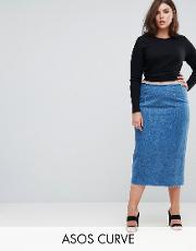 denim midi pencil skirt in midwash blue