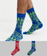 2 Pack Ankle Sock With Christmas Alien Print Save