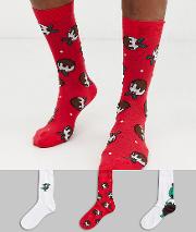 3 Pack Ankle Sock With Christmas Dinosaur Pudding Print Save