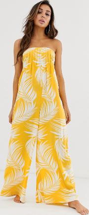 Bandeau Beach Jumpsuit With Shirring Yellow Palm Outline Print