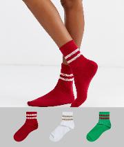 Christmas 3 Pack Stripe Ankle Socks
