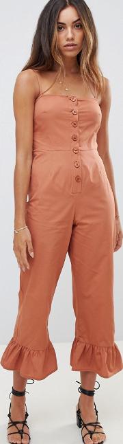 Cotton Frill Hem Jumpsuit With Square Neck And Button Detail