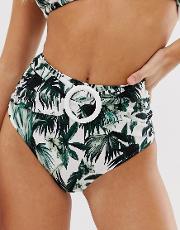Cross High Waist Bikini Bottom With Ring Detail Oversized Palm Print