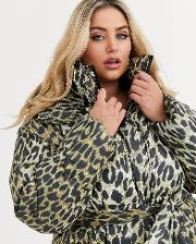 Curve Animal Puffer Jacket With Tie Waist
