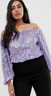 Curve Bardot Sequin Embellished Top With Blouson Sleeve