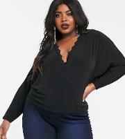 Curve Batwing Wrap Top With Lace Trim