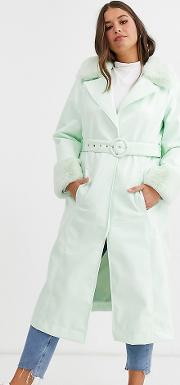 Curve High Shine Faux Fur Collar Trench Coat Mint