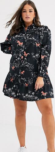 Curve Mini Shirt Dress With Contrast Stitching Horse Print
