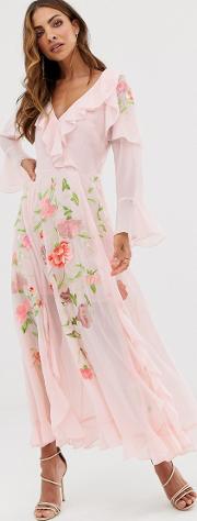 Embroidered Wrap Maxi Dress With Long Sleeves