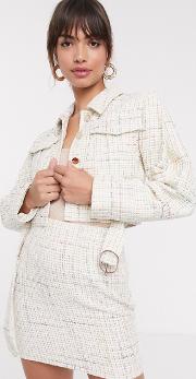 Exaggerated Sleeve Boucle Suit Blazer With Pocket Detail
