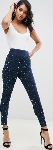 High Waisted Pull On Denim Jeggings With Diamante Detail