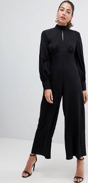 Jumpsuit With High Neck And Blouson Sleeve Keyhole