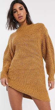 Knitted Rib Mini Dress With Chunky Crew Neck
