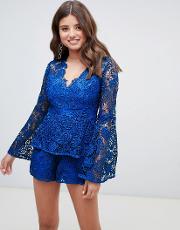 Lace Playsuit With Ruffle Tiers And Fluted Sleeve