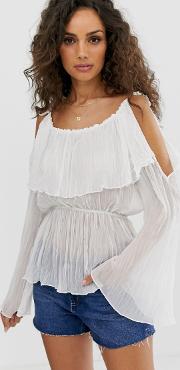 Long Sleeve Cold Shoulder Top With Frill