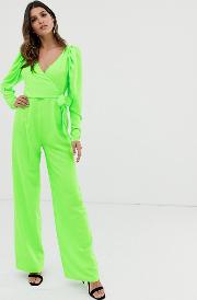 Long Sleeve Plunge Wrap Jumpsuit With Ruched