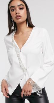 Long Sleeve Tux Wrap Top With Diamante Fringe