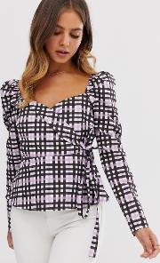 Long Sleeve Wrap Top With Sweetheart Neckline Check