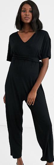 Maternity Belted Jumpsuit With Kimono Sleeve
