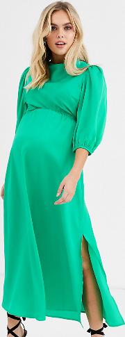 Maternity Cowl Neck Satin Tea Midi Dress With Puff Sleeve