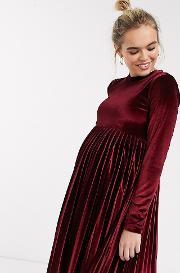 Maternity Long Sleeve Pleated Smock Mini Dress Velvet