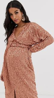 Maternity Midi Dress With Batwing Sleeve And Wrap Waist Scatter Sequin