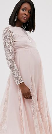 Maternity Midi Dress With Long Sleeve And Lace Panelled Bodice